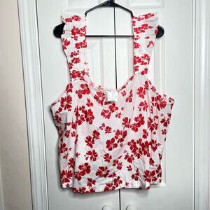 NEW J Crew Womens Square Neck Tank Top Blouse Red White Floral 3X